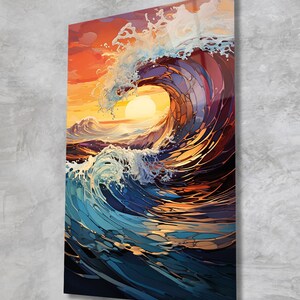 May include: A colorful abstract painting of a large wave crashing in the ocean at sunset. The wave is made up of many different shades of blue, green, and orange. The sun is setting in the background, casting a warm glow over the scene.