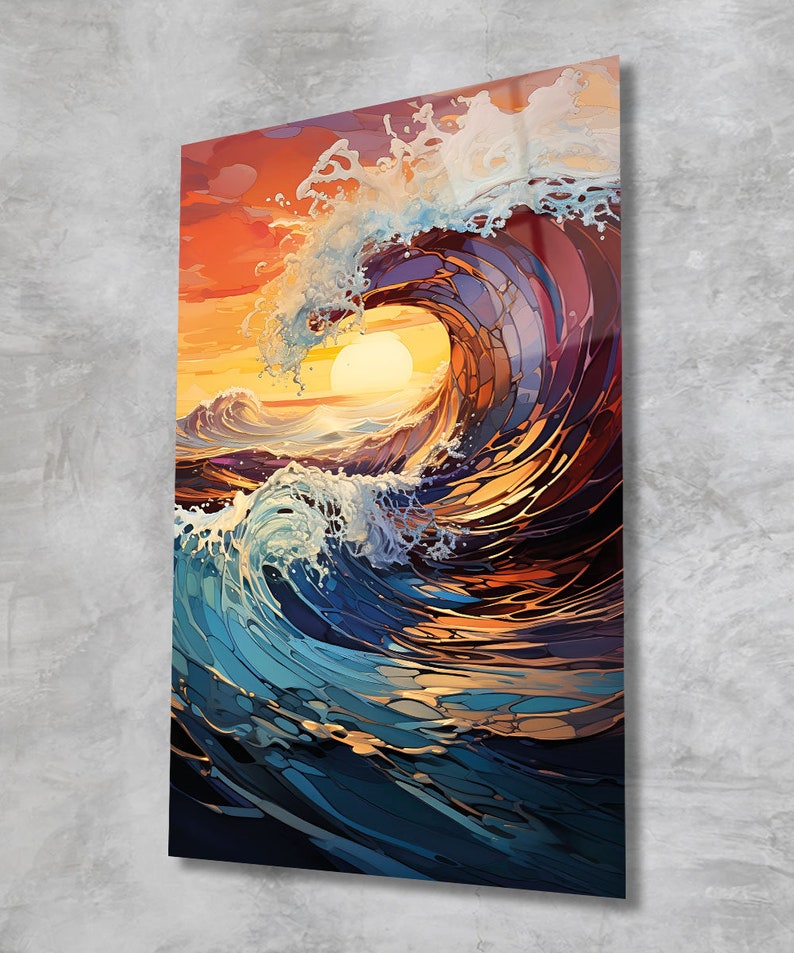 May include: A colorful abstract painting of a large wave crashing in the ocean at sunset. The wave is made up of many different shades of blue, green, and orange. The sun is setting in the background, casting a warm glow over the scene.