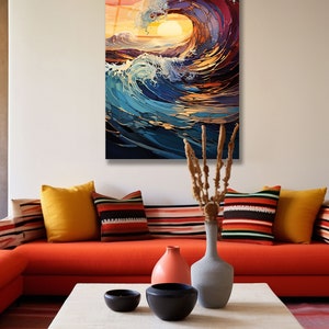 May include: A colorful abstract painting of a large wave crashing in the ocean at sunset. The wave is made up of many different shades of blue, green, and purple. The sun is setting in the background, casting a warm glow on the water.