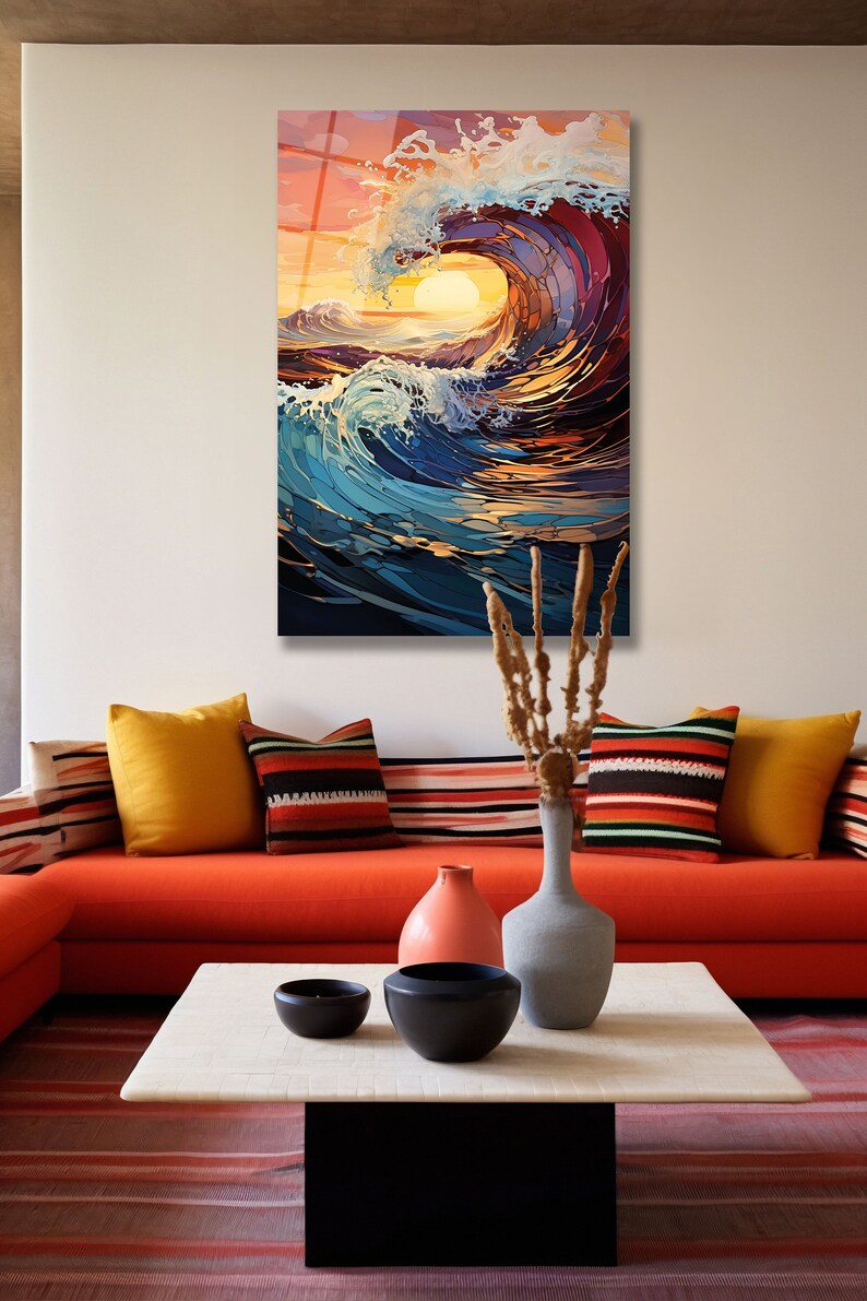 May include: A colorful abstract painting of a large wave crashing in the ocean at sunset. The wave is made up of many different shades of blue, green, and purple. The sun is setting in the background, casting a warm glow on the water.