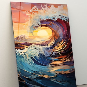 May include: A colorful abstract painting of a large wave crashing in the ocean at sunset. The wave is made up of many different shades of blue, purple, and orange. The sun is setting in the background, casting a warm glow over the scene.
