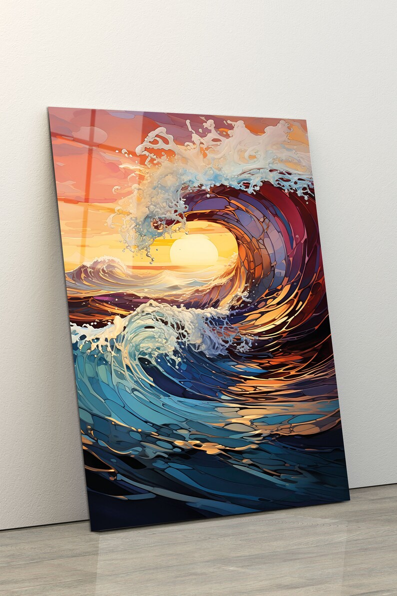 May include: A colorful abstract painting of a large wave crashing in the ocean at sunset. The wave is made up of many different shades of blue, purple, and orange. The sun is setting in the background, casting a warm glow over the scene.