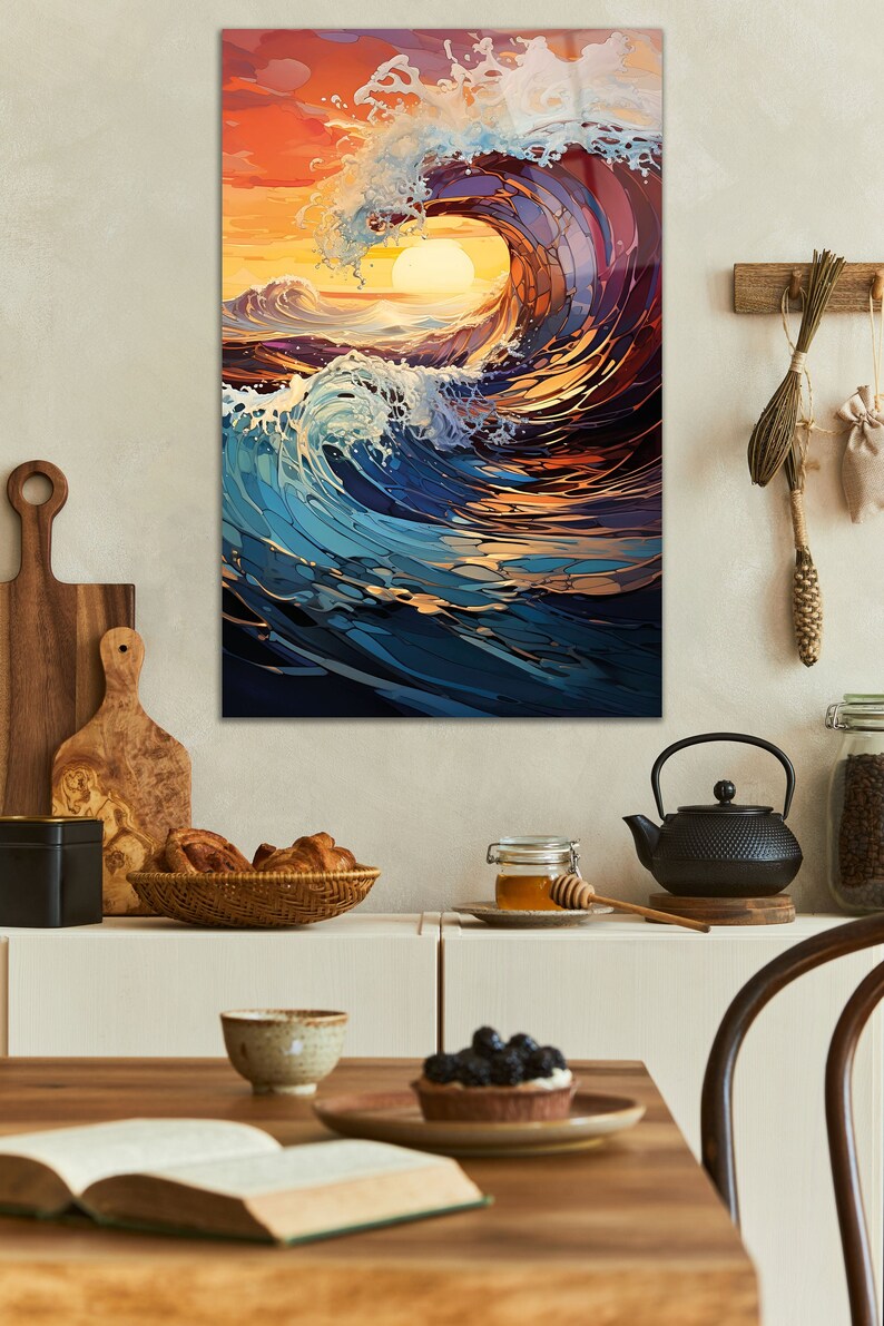 May include: A colorful abstract painting of a large wave crashing in the ocean at sunset. The wave is made up of many different shades of blue, green, and orange. The sun is setting in the background, casting a warm glow over the scene.