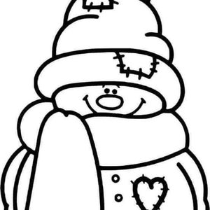 May include: A black and white line drawing of a snowman wearing a hat and scarf. The snowman has a heart-shaped patch on its chest and a button nose.