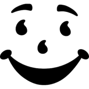 May include: A black and white smiling face with a wide grin. The face has two eyes, a nose, and a large mouth.