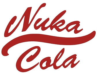 Może przedstawiać: Stylizowane logo w kolorze czerwonym i białym z tekstem "Nuka Cola" w retro czcionce.