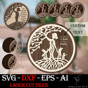 Peut inclure: Une découpe laser en bois représentant un arbre avec une mère et deux enfants debout devant lui. L'arbre a des racines et des branches. Le texte "Mother is the heart of the family" est écrit sur le design. Le design est disponible aux formats SVG, DXF, EPS et AI.