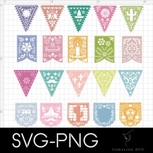 Modèle Papel Picado 20 pcs, bannières mexicaines imprimables, Cinco de Mayo, bannière Fiesta, banderoles de fête, Papel Picado SVG, Viva México