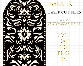 May include: Black and white Papel Picado banner design with a floral pattern. The banner is 4 inches by 7 inches and is customizable in size. The design is available in SVG, DXF, PDF, PNG, and EPS formats.