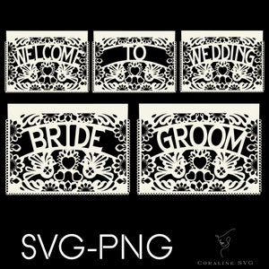 Plantilla de boda de papel picado, letreros para sillas de boda, pancarta de bienvenida a la boda, svg de novia, svg de novio, svg de decoración de boda