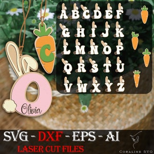 Etiqueta personalizada para cesta de Páscoa, alfabeto de coelho de A a Z em formato SVG, SVG personalizado para Páscoa, etiquetas de Páscoa com letras de cenoura, etiqueta personalizada para cenoura, arquivo cortado a laser