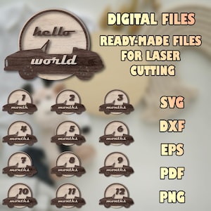 Tarjetas de hitos de bebé con diseño de coche SVG, tarjetas de hitos de Hello World, archivos de Cricut Glowforge cortados con láser, plantillas digitales de hitos de bebé