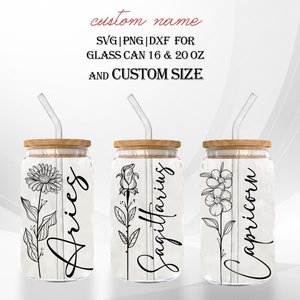 Flor de nacimiento vidrio personalizado lata svg, vidrio Libbey de flores silvestres, lata de vidrio floral, taza de flores de nacimiento, archivos de corte de taza de café helado y tamaño personalizado