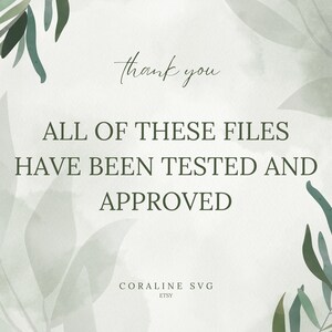 Puede incluir: Un fondo blanco con hojas verdes de acuarela a los lados. El texto "thank you" est&aacute; escrito en cursiva en la parte superior. El texto "ALL OF THESE FILES HAVE BEEN TESTED AND APPROVED" est&aacute; escrito en negro. El texto "CORALINE SVG ETSY" est&aacute; escrito en negro en la parte inferior.