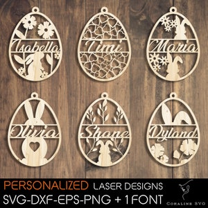May include: Six wooden Easter egg ornaments with personalized names, including Isabella, Limi, Maria, Olivia, Shane, and Dyland. Each egg features a different design with bunnies, flowers, and hearts.
