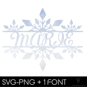 May include: A digital design featuring the name "MARIE" in a cursive font, with a snowflake design above and below the name. The snowflakes are a light blue color with a white gradient.