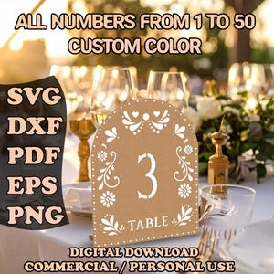 Papel Picado Table Numbers SVG Bundle 1-50 • Wedding Table Sign Set, Floral Arch Number Templates,   Mexican Wedding, Table Decoration Svg