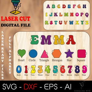 Rompecabezas de nombres SVG, Glowforge (archivo cortado por láser), rompecabezas de nombres, números y formas SVG, rompecabezas de nombres para niños SVG, plantilla de rompecabezas SVG