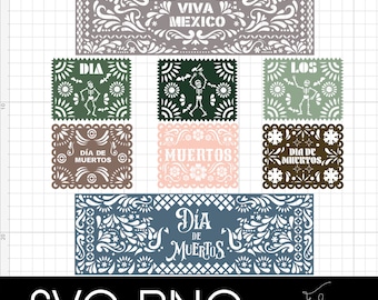 Op de afbeelding: Een set van zeven digitale snijbestanden met traditionele Mexicaanse papiersnijwerk, of papel picado, met de tekst Día de Muertos en Viva México. De ontwerpen zijn in verschillende kleuren, waaronder groen, bruin, roze en blauw.