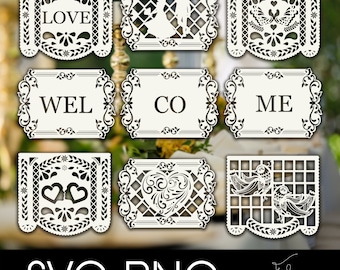 May include: A selection of cream-coloured, intricately cut paper designs. The designs feature the words "LOVE", "WEL", "CO", and "ME", alongside images of a bride and groom, hearts, birds, and floral patterns. The bottom of the image displays "SVG-PNG".