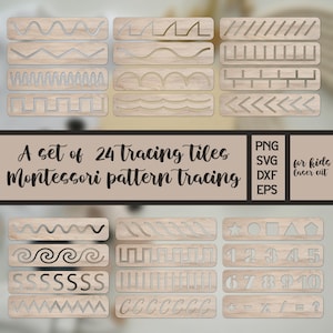 May include: A set of 24 wooden tracing tiles for kids. The tiles feature various patterns, shapes, numbers, and symbols. The tiles are designed for Montessori pattern tracing activities. PNG, SVG, DXF, and EPS files are included for laser cutting.