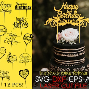 Happy Birthday Cake Topper Svg Bundle, Cake topper Laser Cut Files, Party Template, Circle Wreath frame Glowforge File for laser cutting
