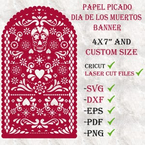 Bannière Dia De Muertos, 4 x 7" et taille personnalisée, Papel Picado Svg, fichier découpé au laser, fichiers de coupe Cricut, Svg, Dxf, Eps, Pdf Png, TÉLÉCHARGEMENT IMMÉDIAT