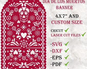 May include: Red paper picado banner with a white skull and floral design. The banner is 4x7 inches and can be customized. The listing includes SVG, DXF, EPS, PDF, and PNG files for Cricut and laser cutting.
