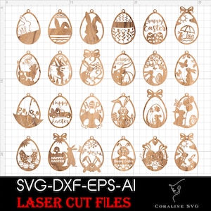 May include: A set of 20 laser cut Easter egg designs featuring bunnies, flowers, and other spring-themed imagery. The designs are perfect for crafting and decorating.