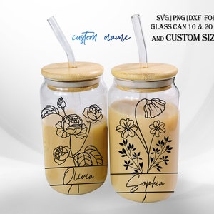 Benutzerdefinierte Name Glasdose, Eiskaffeetasse, personalisierte Geburtsblumenglasdosenschale, 16 Unzen 20 Unzen Glasdosenschnittdateien und benutzerdefinierte Größe, DIGITALE Datei