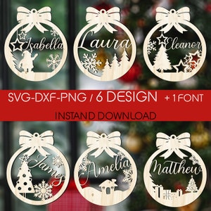 Gepersonaliseerde kerstornament SVG, aangepaste naam ornament SVG lasergesneden, boomversieringen met bewerkbare tekst, Glowforg SVG, houten kerst