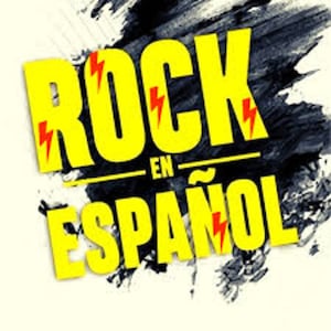 May include: Yellow and red graphic with the text "ROCK EN ESPAÑOL" in a bold, stylized font. The text is set against a black and white background.