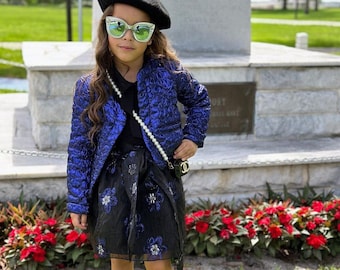 Girl's Glittery Jacquard Jacket Baby Collar Black Blouse Printed Navy Blue Skirt Set | 3 Pieces