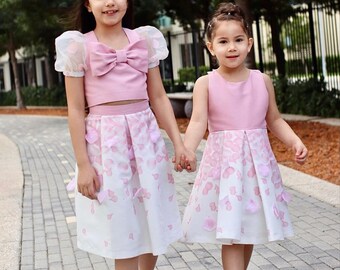 Girl's Long 3D Rose Detailed Pink Skirt