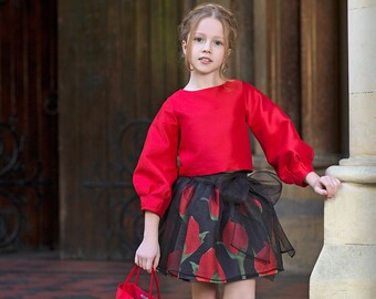 Girl's Red Blouse Printed Black Skirt Combination | 2 Pieces