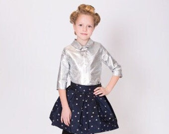 Girl's Bow-Front Baby Collar Detailed Sparkly Silver Color Blouse