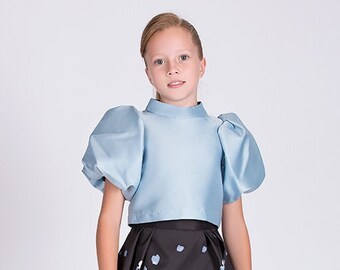 Girl's Balloon Sleeve Blue Blouse Navy Blue Skirt Set | 2 Pieces