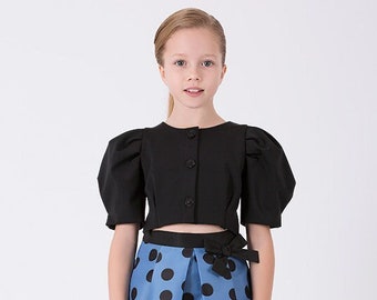 Girl's Short Black Jacket with Balloon Sleeves