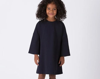 Straight Cut Cotton Crew Neck Oversize Navy Blue Girl's Dress