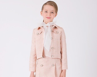 Girl's Sparkly Double Breasted Collar Button Detailed Long Sleeve Pink Jacket