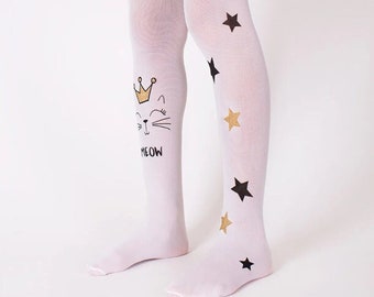 White Meow Cat And Star Pattern Girls Pantyhose