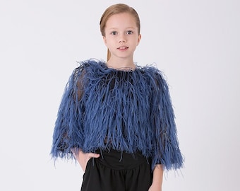 Girl's Feathered Fringed Blue Blouse