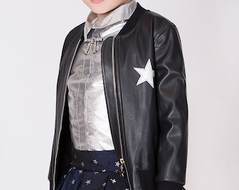 Girl's Silver Star Detailed Long Sleeve Faux Leather Navy Blue Jacket