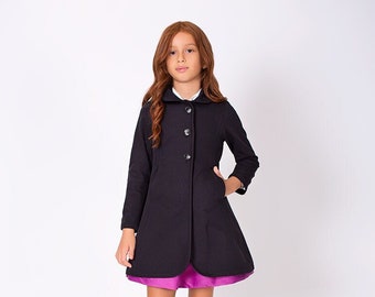 Girl's Pile, Double Breasted Collar, Button Closure, Long Sleeve, Navy Blue Long Coat