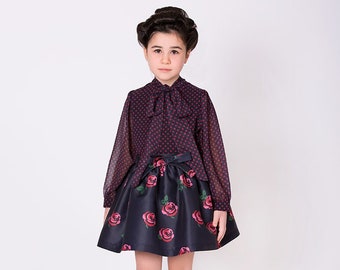 Girl's Bow Detailed Rose Printed Fluffy Knee Length Elegant Skirt on the Waist