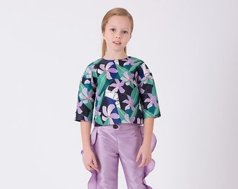 Girl's Colorful Blouse Flounce Lilac Trousers | 2 Pieces