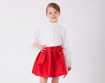 Girl's Feather Wrist Ecru Blouse Red Bow Skirt Combination | 2 Pieces