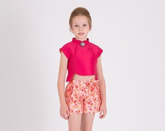 Girl's High Collar Short Sleeve Fuchsia Blouse