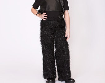 Girl's Wide Leg Shiny Tasseled Black Pants