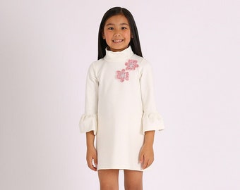 Girl's Floral Embroidered Turtleneck Knitted Dress